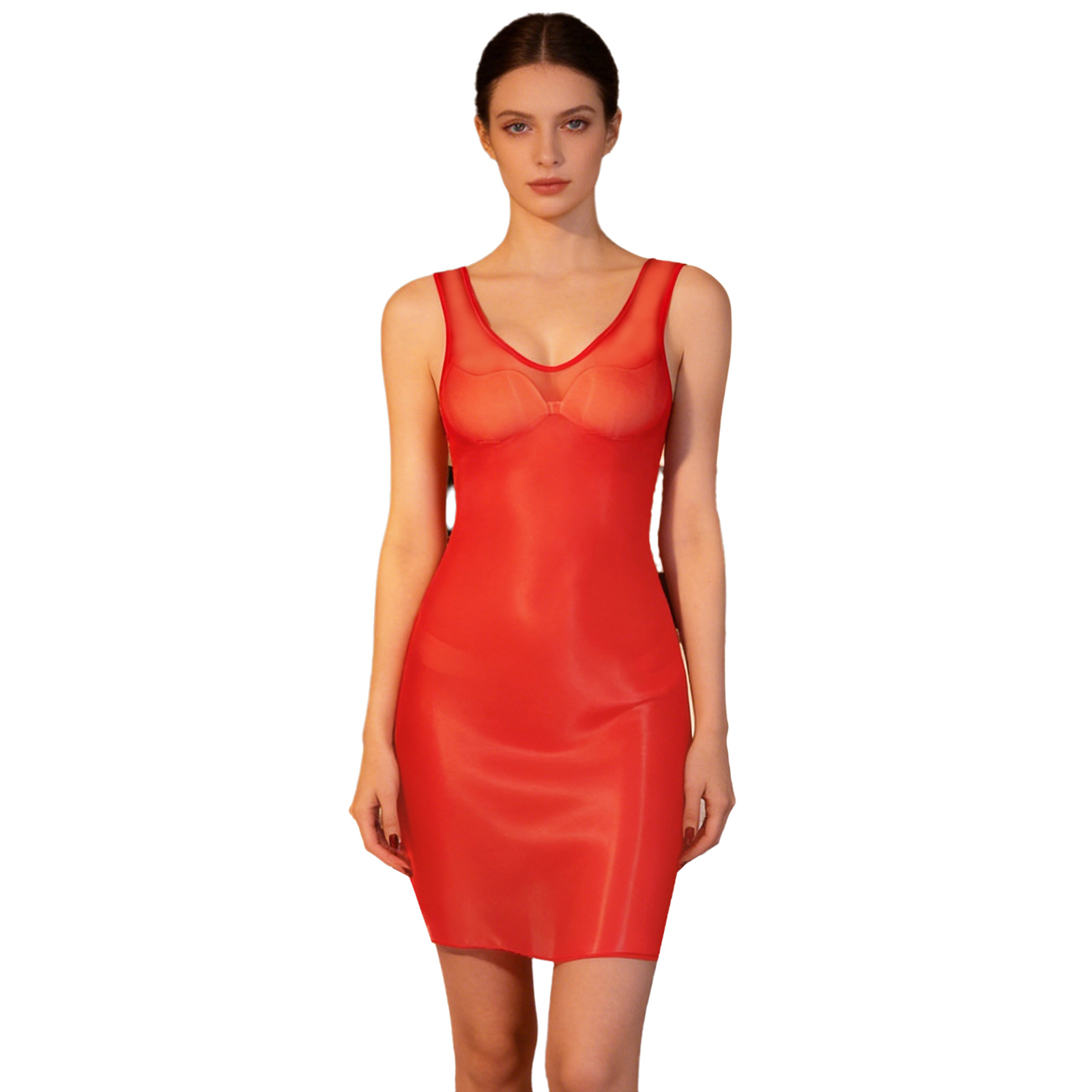 Babydoll Chemise Night - Glänzendes, durchsichtiges, figurbetontes Damenkleid, ärmellos, dehnbar,